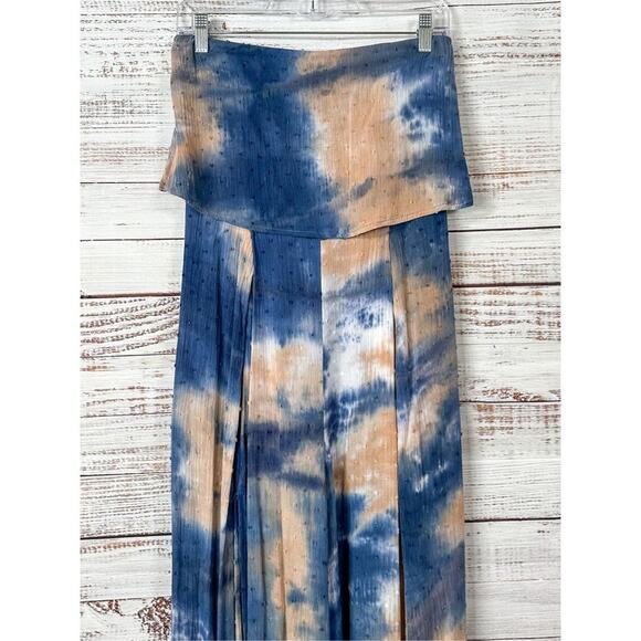 Blue Blush Women's Wide Slit Leg Opening Strapless Jumpsuit Tan Blue Medium - Picture 2 of 10